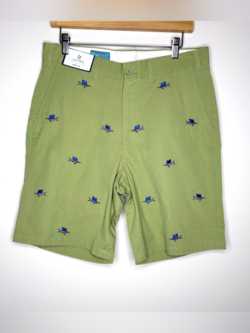 $110 New Sail fish Beach Embroidered Shorts Men's 32 Medium Green CASTAWAY Flat